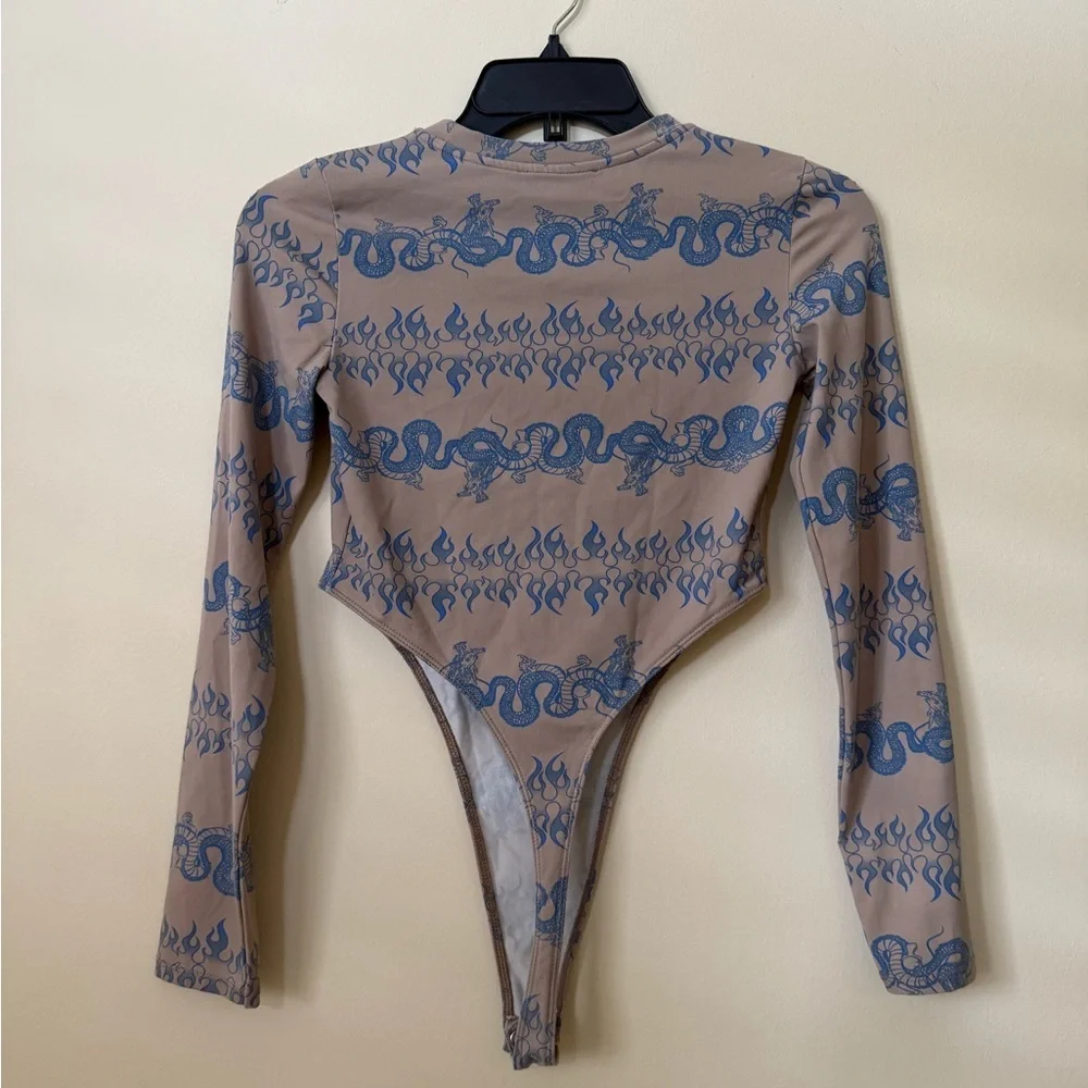Berksha High Cut Dragon Print Bodysuit in Camel and Light Blue - Size S